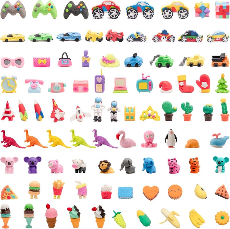 Clock King 90pcs 3D Cute Kids Erasers, Random Desktop Pet Toys Gifts, Classroom Rewards Kids Party Gifts, Various Styles Such as Animals, Food, Plants, Space, Princess, Sports, Halloween, Christmas - Image 1